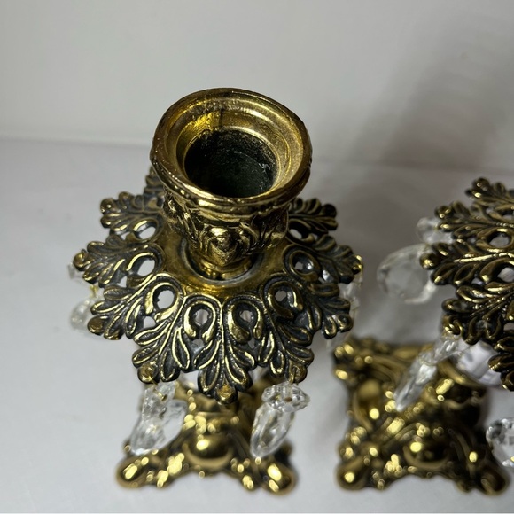 Vintage Hollywood Regency Brass Glass Prism Candlestick Candle Holders Set Of 2 - Picture 7 of 7